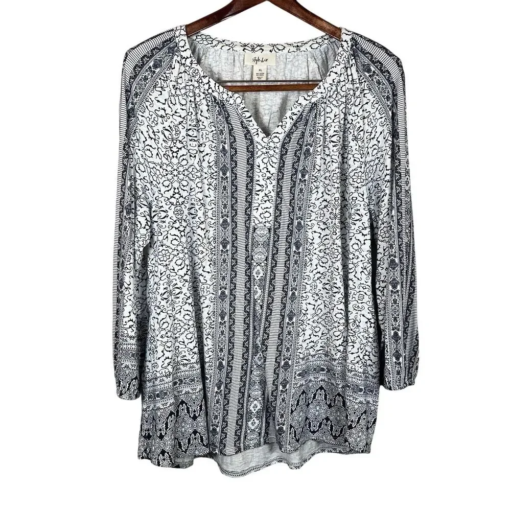 Style & Co Blouse Women's Size XL Floral Long Sleeve Boho Blue & White - Picture 1 of 9